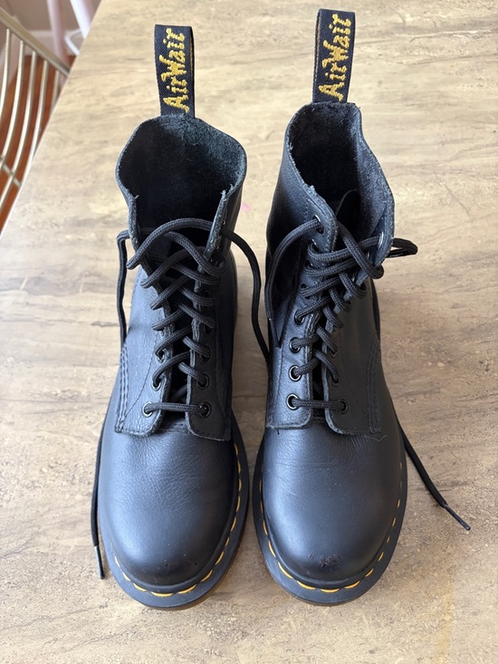 Dr. Martens Shoes - Dr. Martens Black Leather Lace-Up Boots with Yellow Stitching